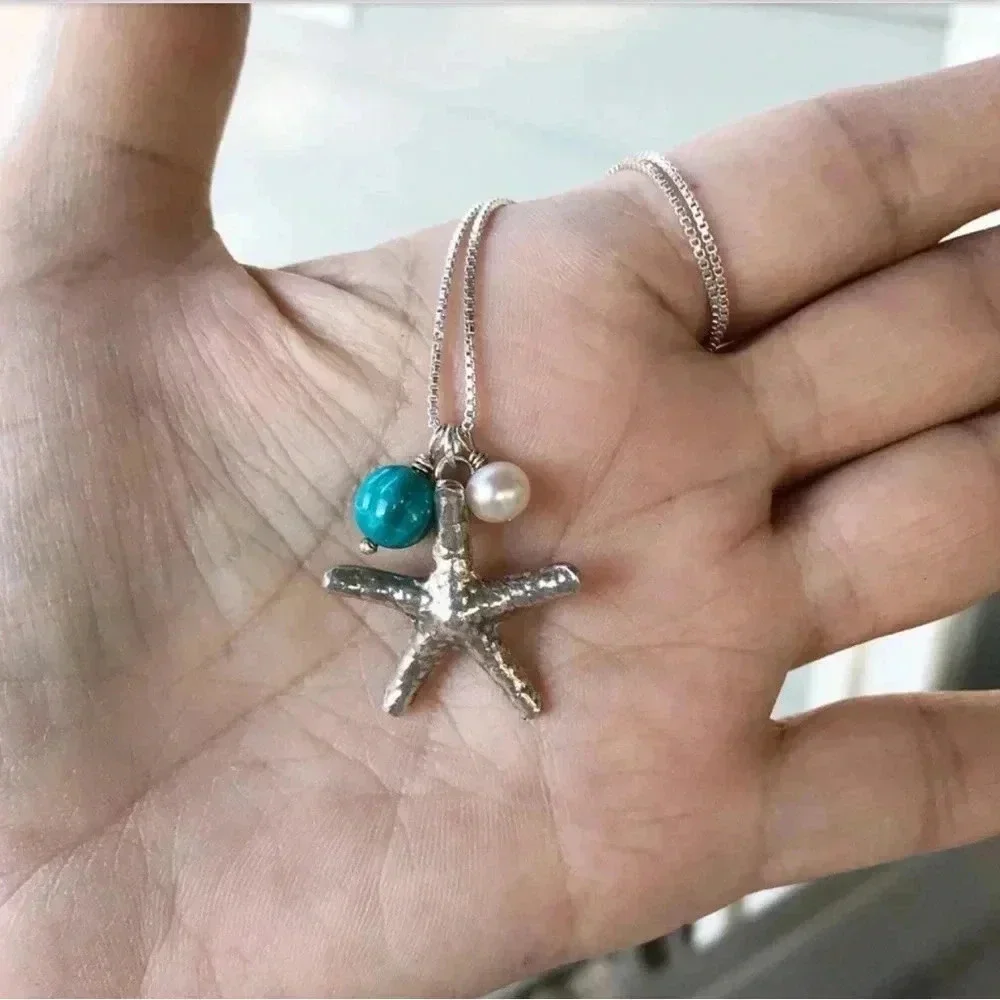 Starfish Pendant,Turquoise Necklace,Beach Necklace,Beach Wedding,Surfer Necklace - Picture 3 of 3
